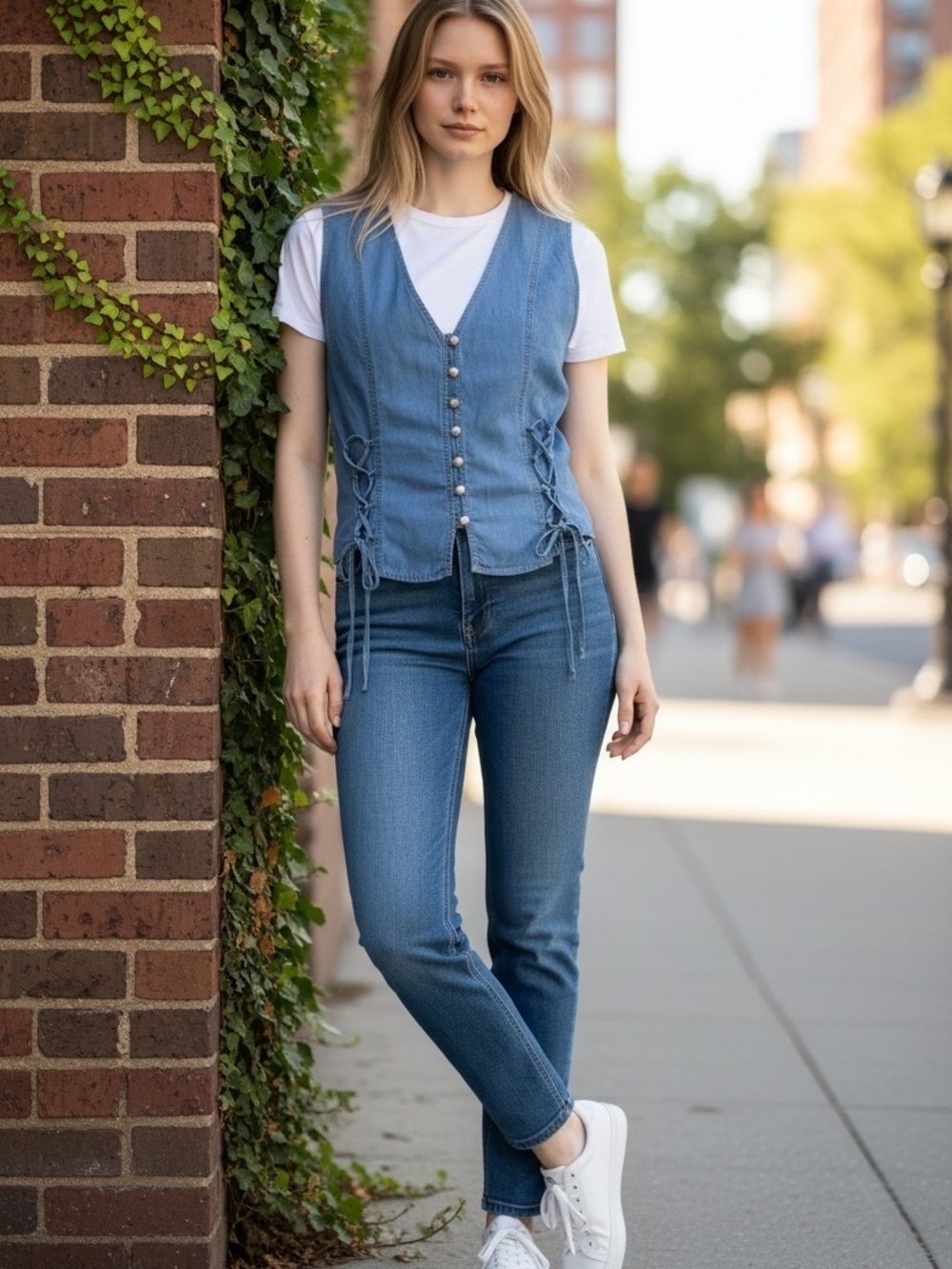 Scully Light Blue Denim Top with Rust Label